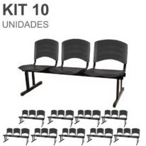 Kit 10 Cadeiras Longarinas PLÁSTICA 03 Lugares – Cor PRETO 33039 VILA MÓVEIS