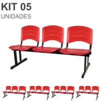 Kit 05 Cadeiras Longarinas PLÁSTICAS 03 Lugares – Cor Vermelho 33043 VILA MÓVEIS