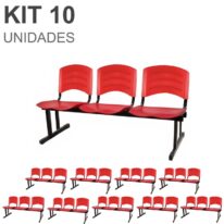 Kit 10 Cadeiras Longarinas PLÁSTICAS 03 Lugares – Cor Vermelho 33048 VILA MÓVEIS